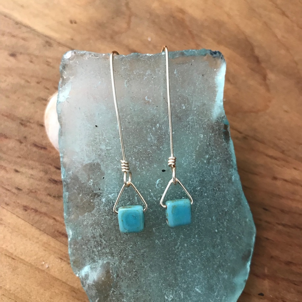 Handmade Dainty Geometric Turquoise Glass Earrings - Picture 1 of 4